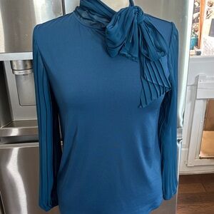 Cable & Gauge Teal Blouse with Pleated Scarf